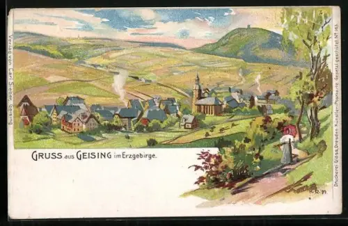 Lithographie Geising im Erzgebirge, Ortsansicht mit Kirche und umliegender Landschaft