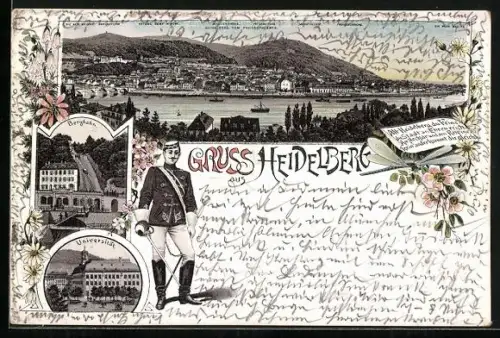 Lithographie Heidelberg, Universitätsansicht, Bergbahn, Neckarpanorama