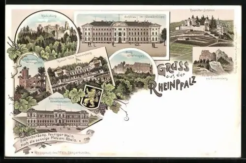 Lithographie Zweibrücken /Rheinpfalz, Schloss in Zweibrücken, Burg Altleiningen, Maikronig, Villa Isenburg