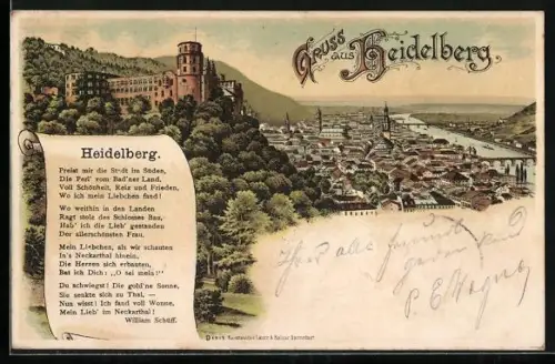 Lithographie Heidelberg, Schloss, Neckarpartie mit Brücken