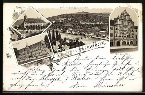 Lithographie Heidelberg, Hotel zum Ritter, Universität, Postamt, Neckarbrücke