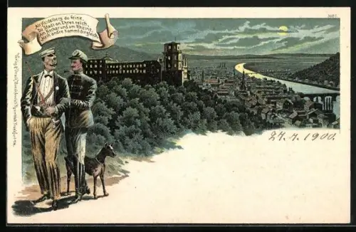 Mondschein-Lithographie Heidelberg, Ortsansicht mit Neckar bei Nacht
