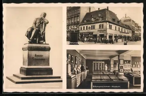 AK Zwickau, Schumann-Denkmal, Schumannhaus, Schumannzimmer-Museum