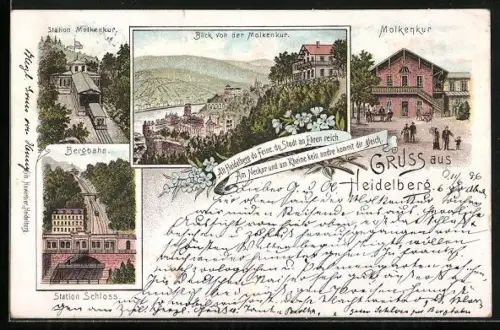 Lithographie Heidelberg, Molkenkur, Bergbahn, Station Schloss