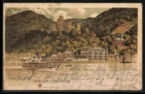 Lithographie Capellen / Rhein, Hotel Bellevue, Schloss Stolzenfels, Dampfer auf dem Rhein