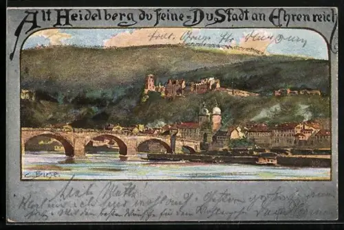 Lithographie Heidelberg, Schloss, Alte Brücke, Neckaransicht