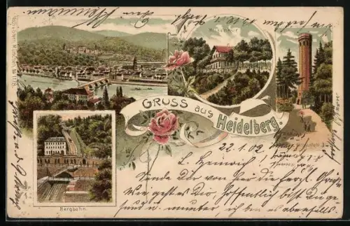 Lithographie Heidelberg, Neckaransicht, Molkenkur, Bergbahn, Aussichtsturm