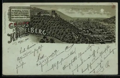 Mondschein-Lithographie Heidelberg / Neckar, Panorama der Stadt