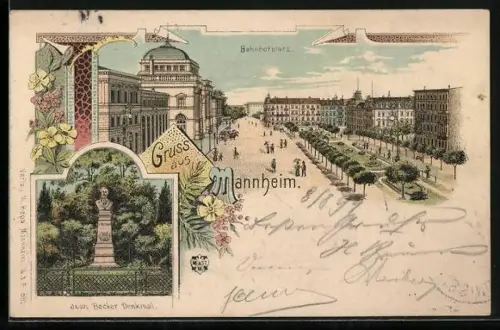 Lithographie Mannheim, Bahnhofplatz, Jean Becker Denkmal