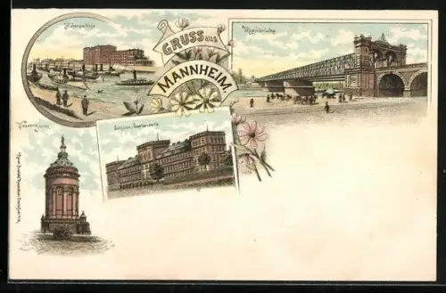 Lithographie Mannheim, Rheinbrücke, Wasserturm, Wasserthurm, Luisen-Anstalten