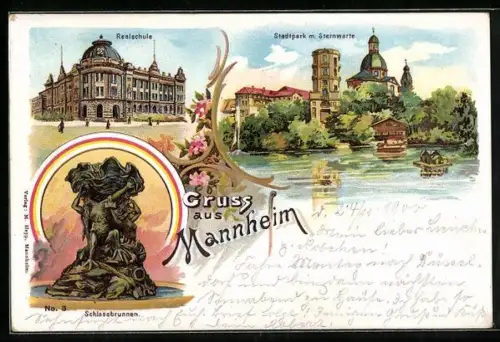 Lithographie Mannheim, Realschule, Stadtpark mit Sternwarte, Schlossbrunnen