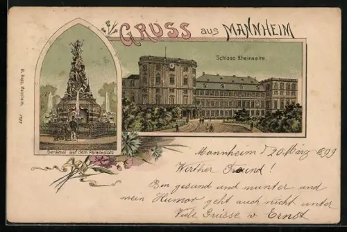 Lithographie Mannheim, Schloss Rheinseite, Denkmal auf dem Paradeplatz
