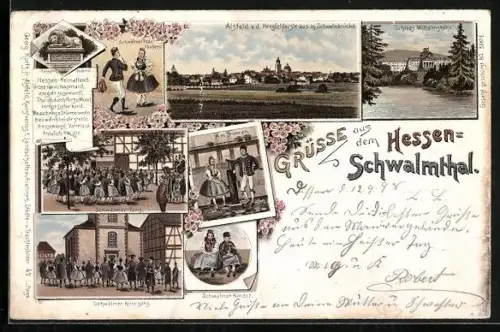 Lithographie Alsfeld /Hessen-Schwalmthal, Schwälmer Tracht, Schwälmer Knaben, Schwälmer Kirmes, Schloss Wilhelmshöhe