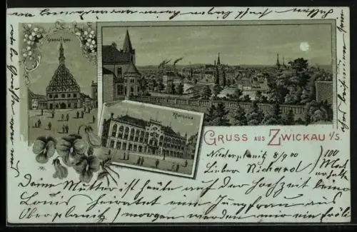 Mondschein-Lithographie Zwickau i. S., Rathaus, Ortspanorama im Vollmondlicht