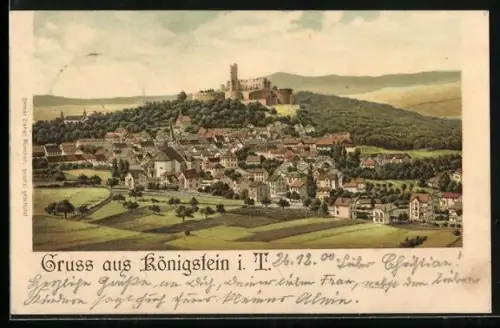 Lithographie Königstein i. T., Stadtansicht mit Burg