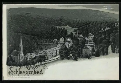 Mondschein-Lithographie Schlangenbad, Kirche, Kurhaus, Gesamtansicht