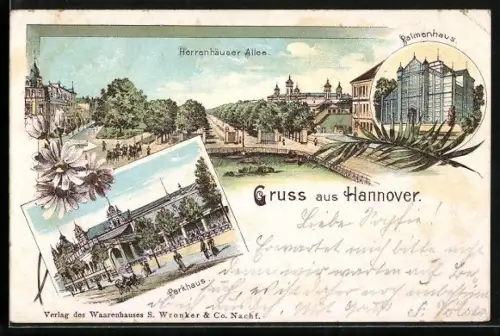 Lithographie Hannover, Herrenhäuser Allee, Palmenhaus, Parkhaus