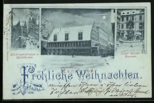 AK Hannover, Köbelingerstrasse und Marktkirche, Rathaus, Oskar Winter Brunnen