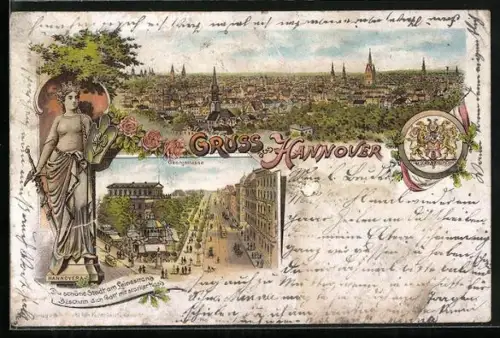 Lithographie Hannover, Georgstrasse, Stadtpanorama