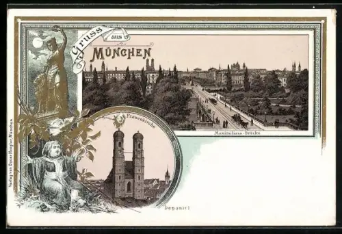Lithographie München, Maximilians-Brücke, Frauenkirche