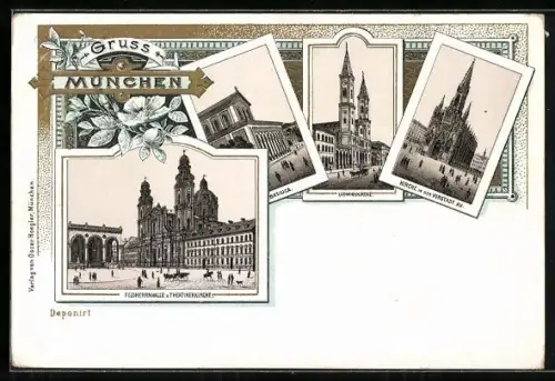 Lithographie München, Feldherrnhalle, Ludwigskirche, Kirche