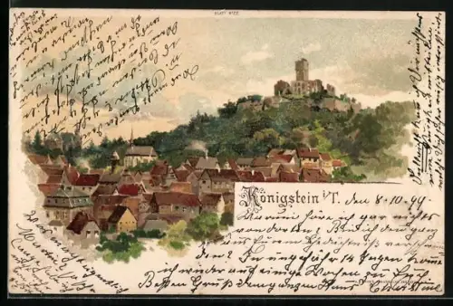 Lithographie Königstein i. Taunus, Stadtansicht mit Burg