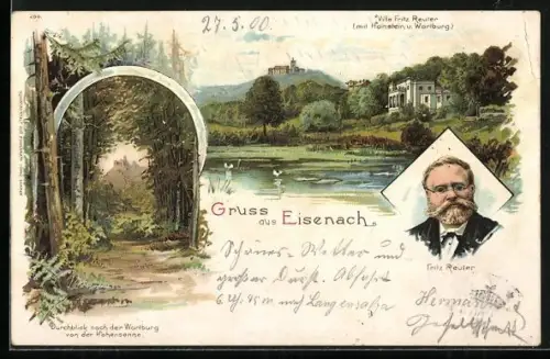 Lithographie Eisenach, Wartburg, Villa Fritz Reuter, Durchblick nach der Wartberg