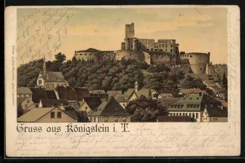 Lithographie Königstein i. T., Burgruine, Stadtansicht, Kirche