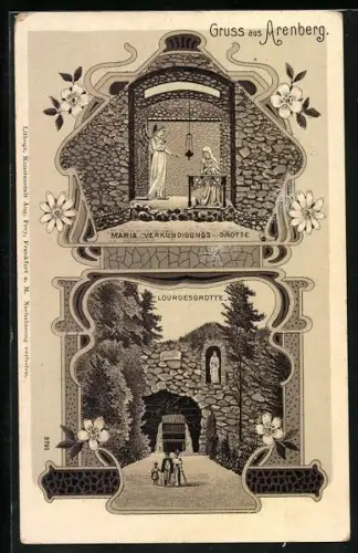 Lithographie Arenberg, Maria Verkündigungs-Grotte, Lourdesgrotte