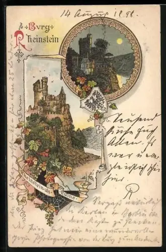 Lithographie Burg Rheinstein, Burgruine, Rheinansicht