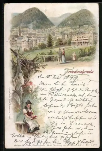 Lithographie Friedrichroda, Stadtansicht mit Bergen