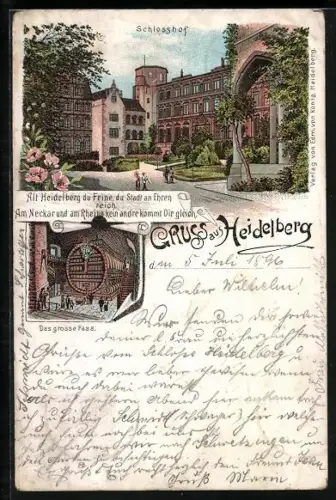Lithographie Heidelberg, Schlosshof, Das grosse Fass