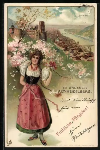 Lithographie Heidelberg, Schloss mit Flusspartie