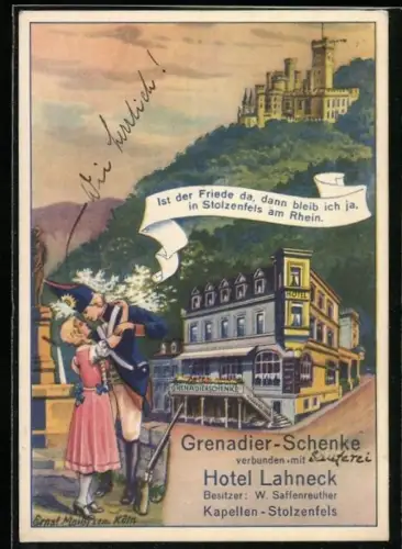Künstler-AK Kapellen-Stolzenfels, Grenadier-Schenke und Hotel Lahneck, Bes. W. Saffenreuther