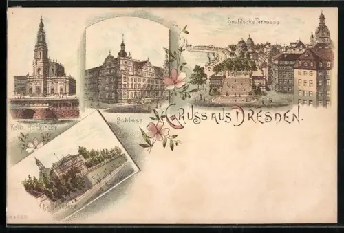 Lithographie Dresden, Brühlsche Terrasse, Kath. Hofkirche, Schloss