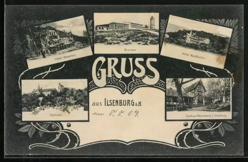 AK Ilsenburg a. H., Hotel Ilsestein, Brocken, Hotel Waldhöhe, Schloss, Forsthaus Plessenburg