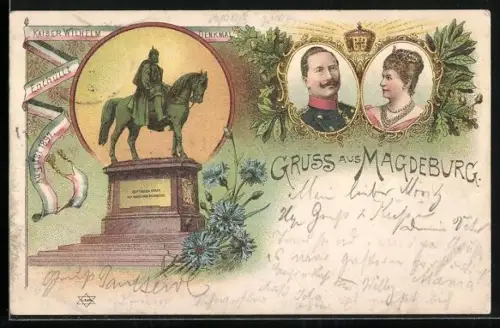 Lithographie Magdeburg, Kaiser Wilhelm-Denkmal, Porträts Kaiser und Kaiserin