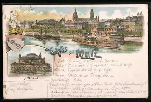 Lithographie Mainz, Stadtansicht, Rheinufer, Stadthalle