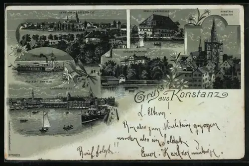 Lithographie Konstanz, Münster, Dampfer, Landungssteg