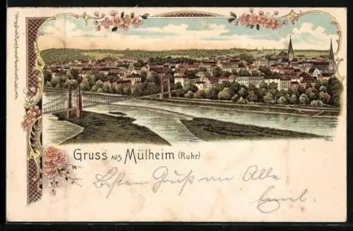 Lithographie Mülheim / Ruhr, Panoramablick auf die Stadt an der Ruhr