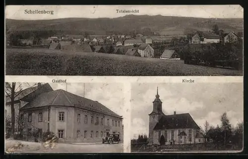 AK Schellenberg / Sa., Totalansicht vom Ort, Partien vom Gasthof und Kirche