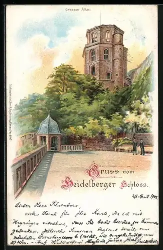 Lithographie Heidelberg, Schloss mit Grossem Altan