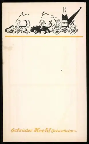 Künstler-AK Geisenheim a. Rhein, Gebrüder Hoehl Wein, Tiere ziehen die Weinflasche