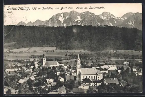 AK Schladming /Steiermark, Teilansicht mit Kirche und Dachstein