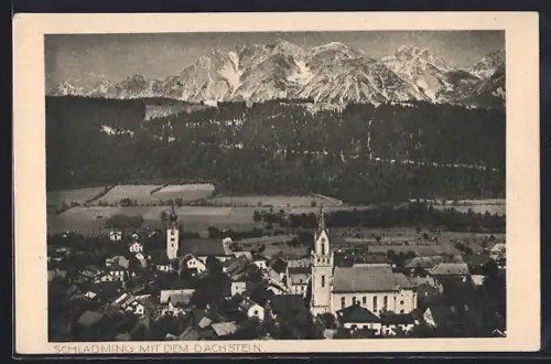AK Schladming, Teilansicht mit Kirche und Dachstein