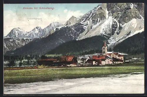 AK Ramsau bei Schladming, Ortspartie mit Kirche und Dachsteingruppe