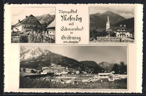 AK Gröbming, Alpengasthof Moser-Loy mit Schwimmbad, Kirche