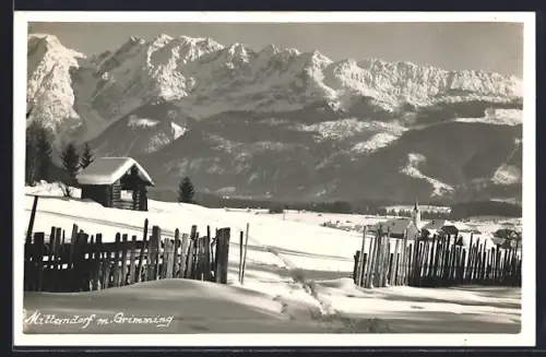 AK Mittendorf, Ortspartie mit Grimming im Schnee