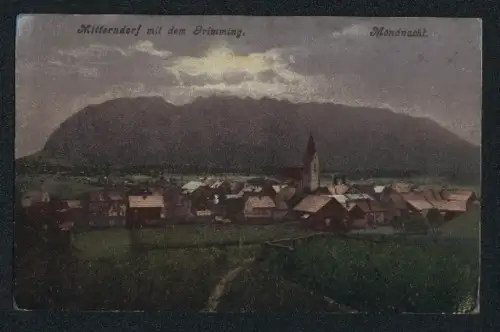 AK Mitterndorf, Teilansicht mit dem Grimming nachts bei Mondschein
