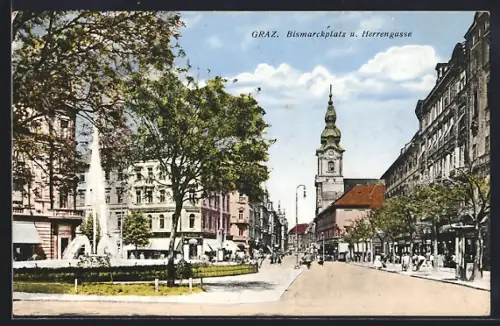 AK Graz, Bismarckplatz mit Herrengasse und Kirche